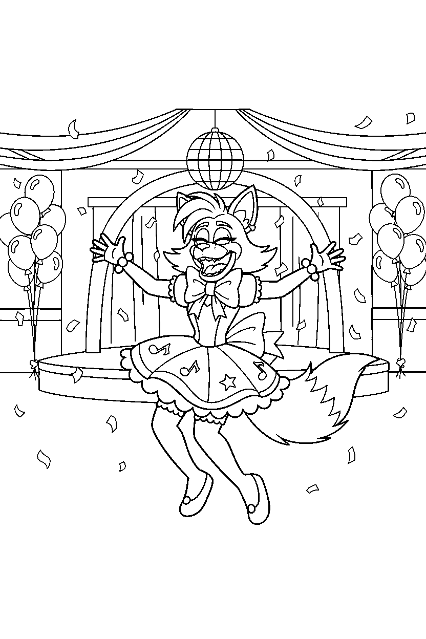 roxanne wolf from five nights at freddy s dancing happily in a festive event room line art
