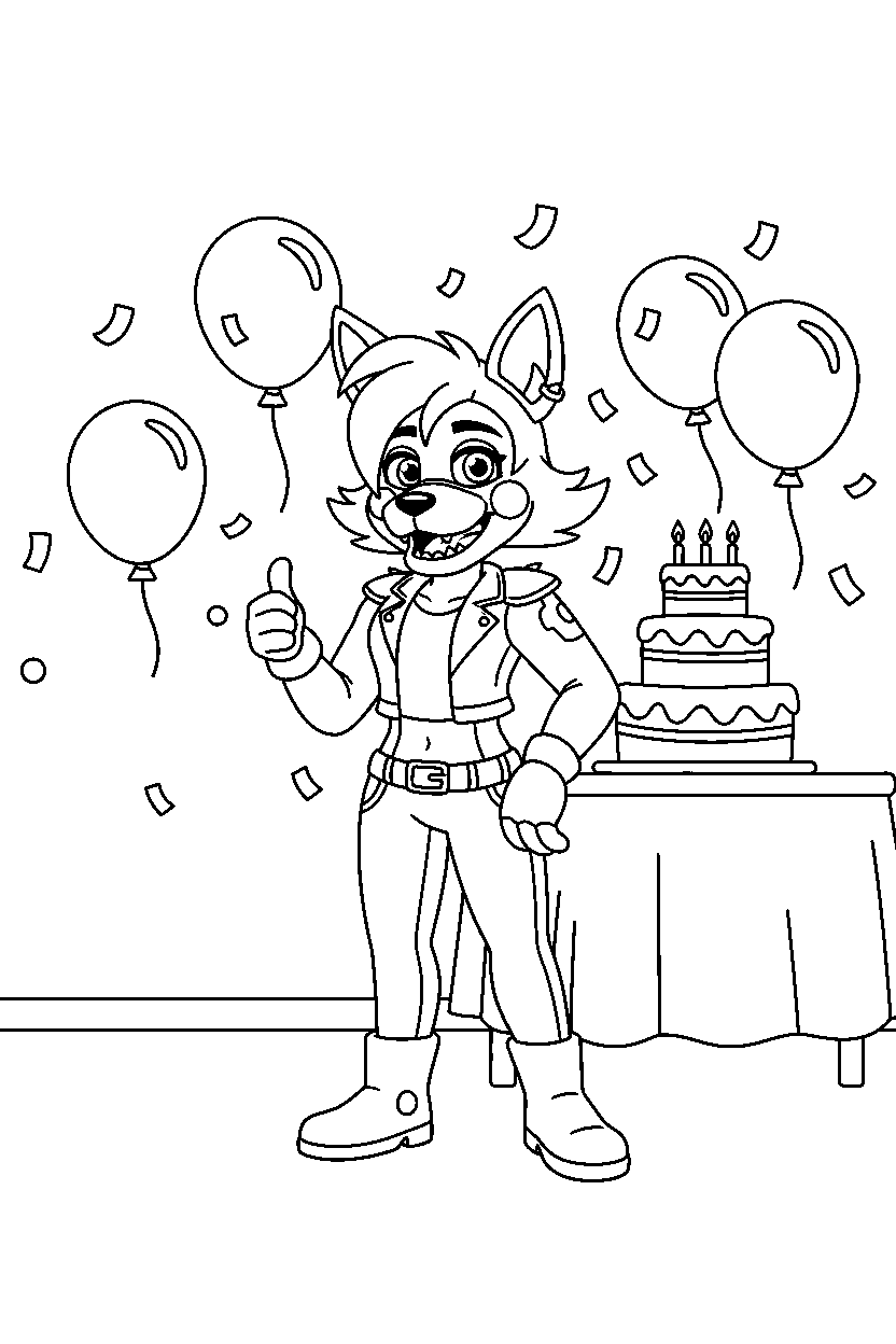 roxanne wolf from five nights at freddy s giving a thumbs up in a birthday celebration room line art