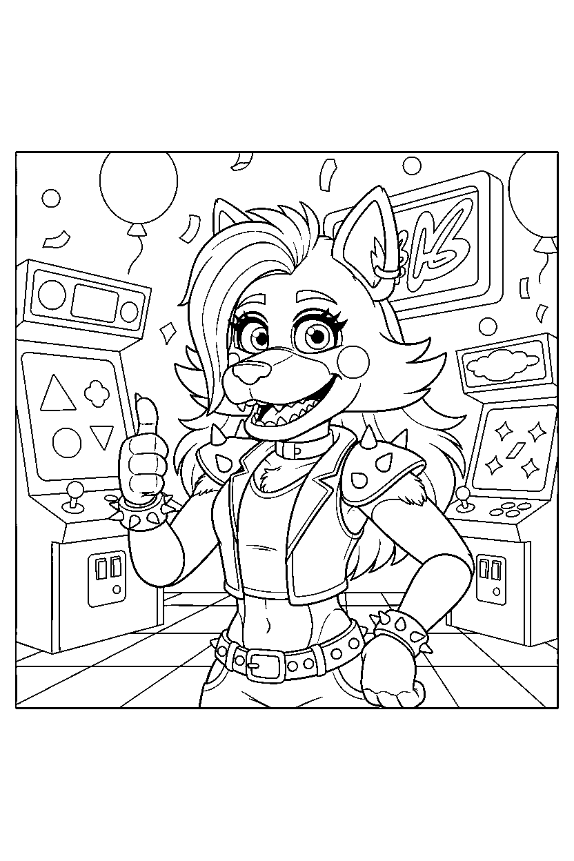 roxanne wolf from five nights at freddy s giving a thumbs up in a bright game arcade line art