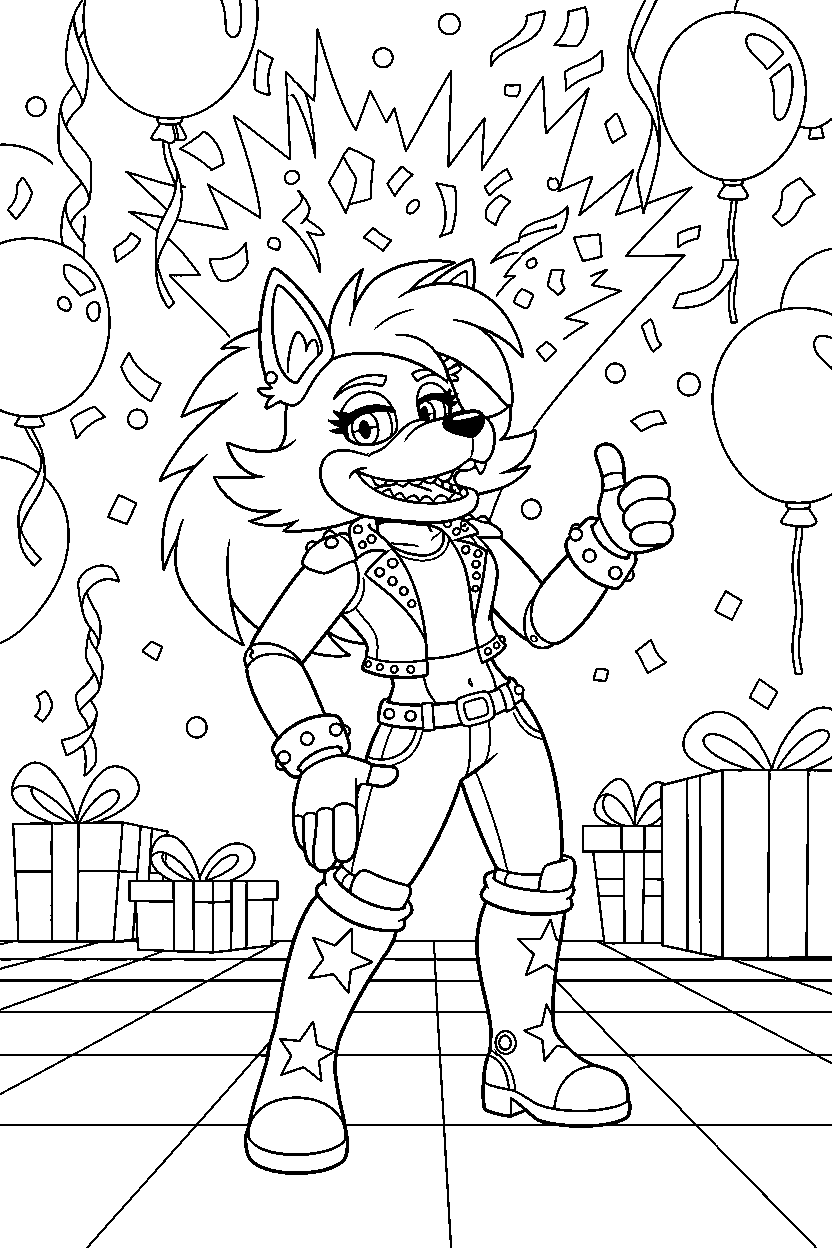 roxanne wolf from five nights at freddy s giving a thumbs up in a colorful party hall line art