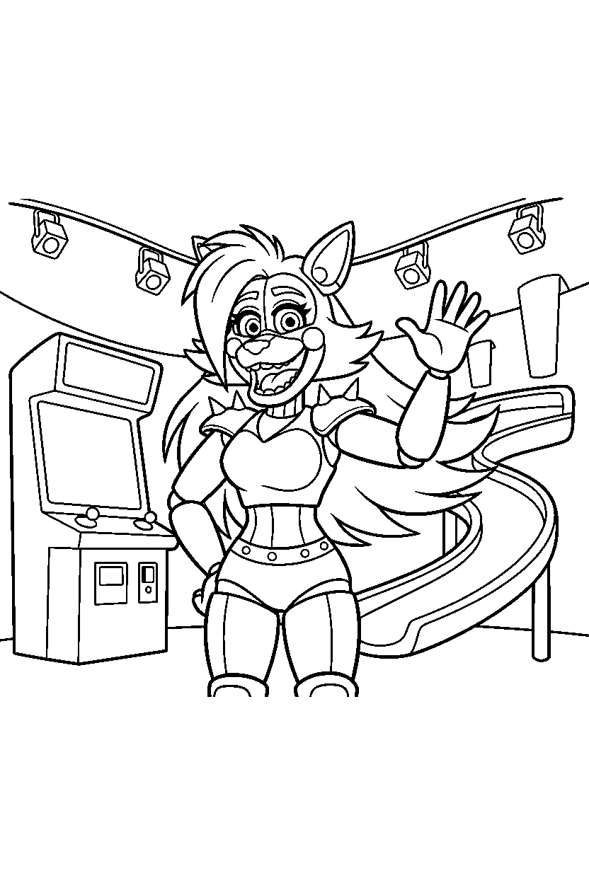 roxanne wolf from five nights at freddy s greeting happily in a fun entertainment center line art