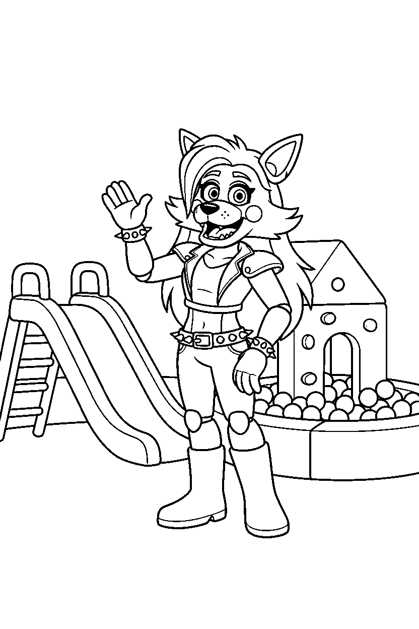 roxanne wolf from five nights at freddy s greeting happily inside an indoor play area line art
