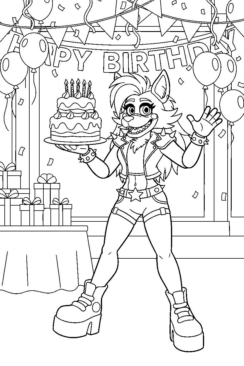 roxanne wolf from five nights at freddy s holding a cake in a colorful party hall line art