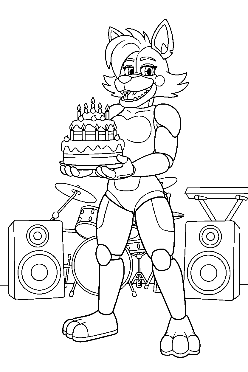 roxanne wolf from five nights at freddy s holding a cake in a music stage hall line art