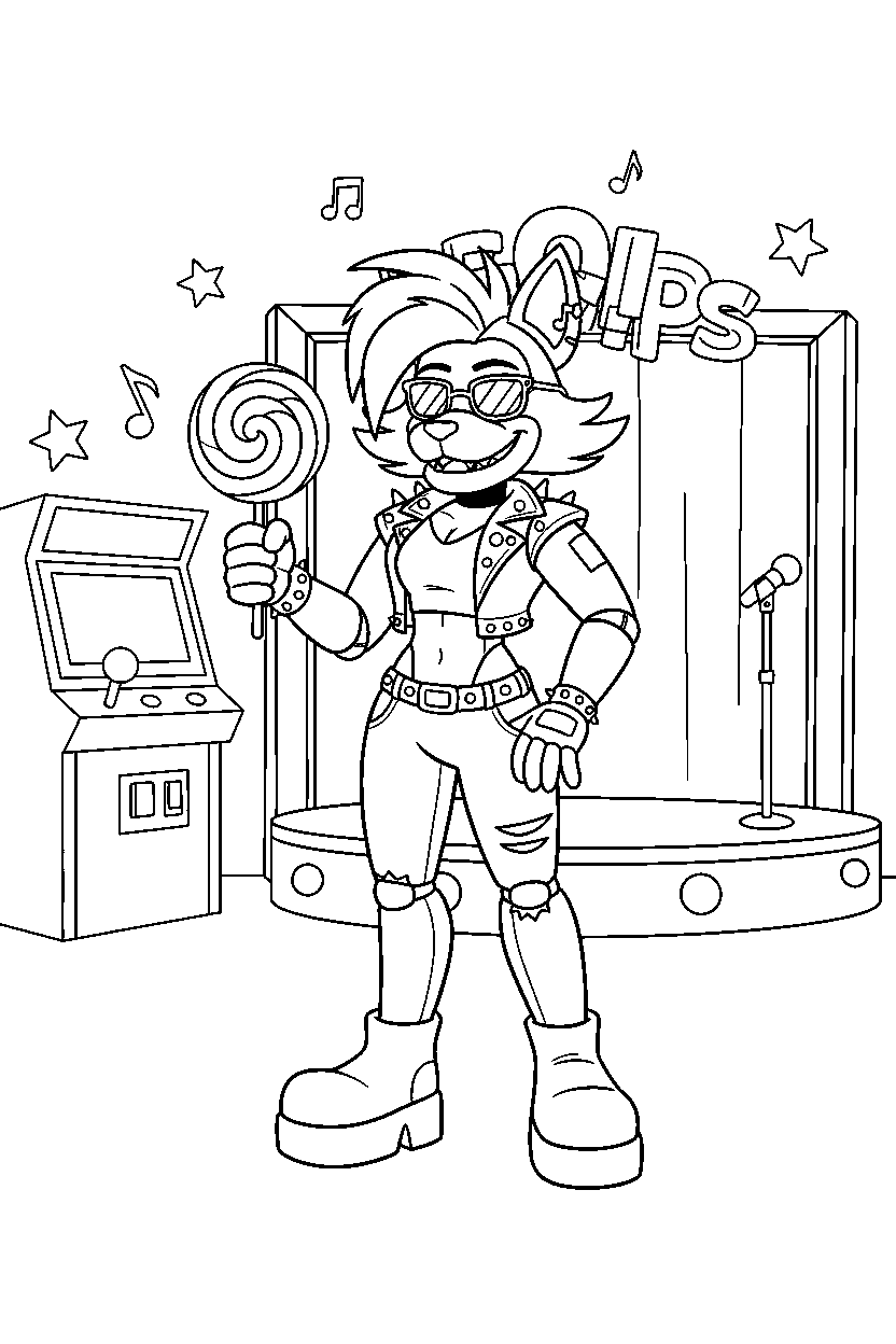 roxanne wolf from five nights at freddy s holding a candy in a colorful entertainment hall line art