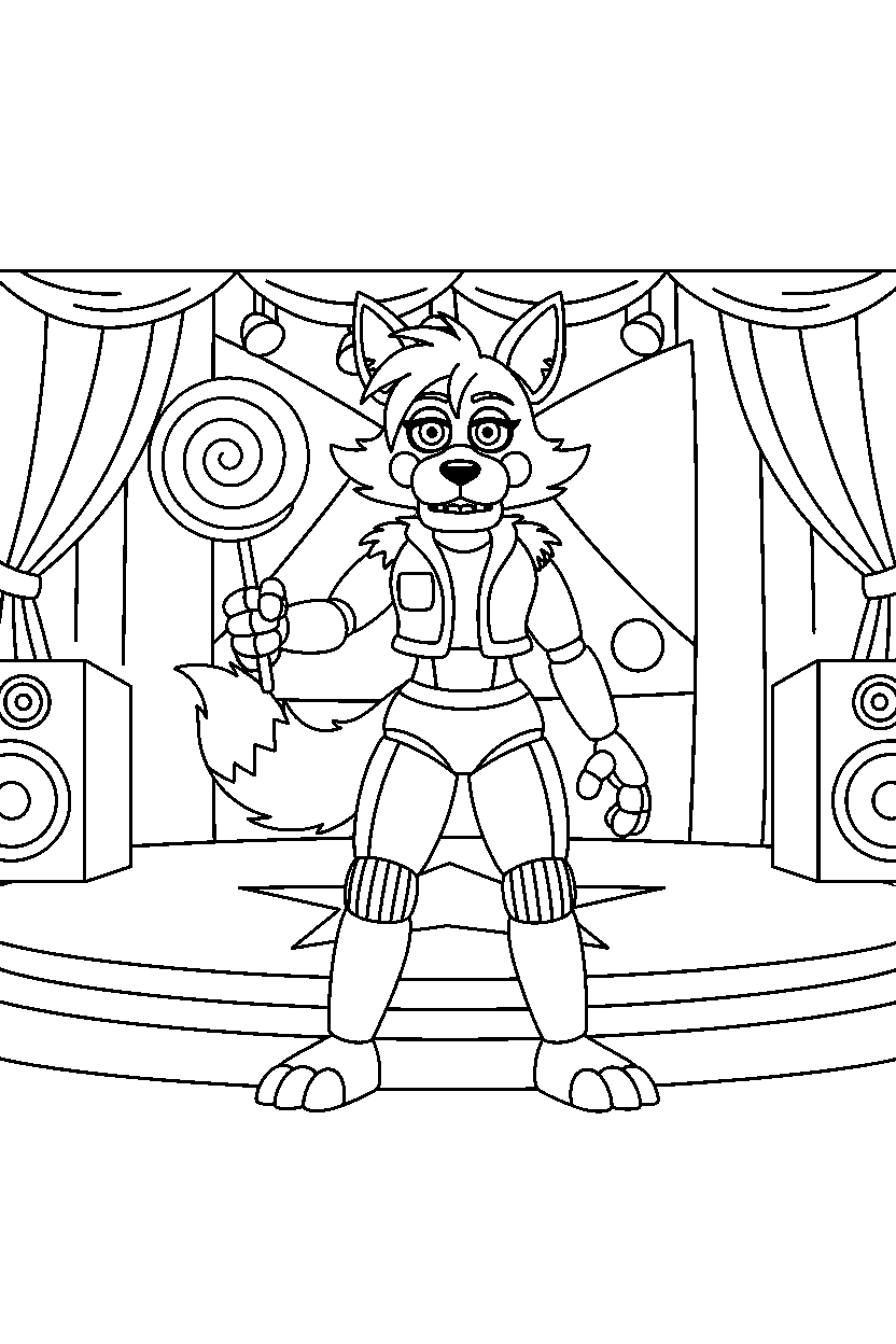 roxanne wolf from five nights at freddy s holding a candy in a show stage area line art