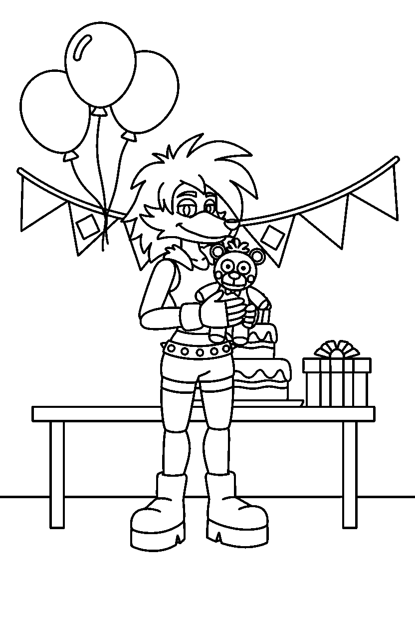 roxanne wolf from five nights at freddy s holding a plush toy in a decorated party room line art