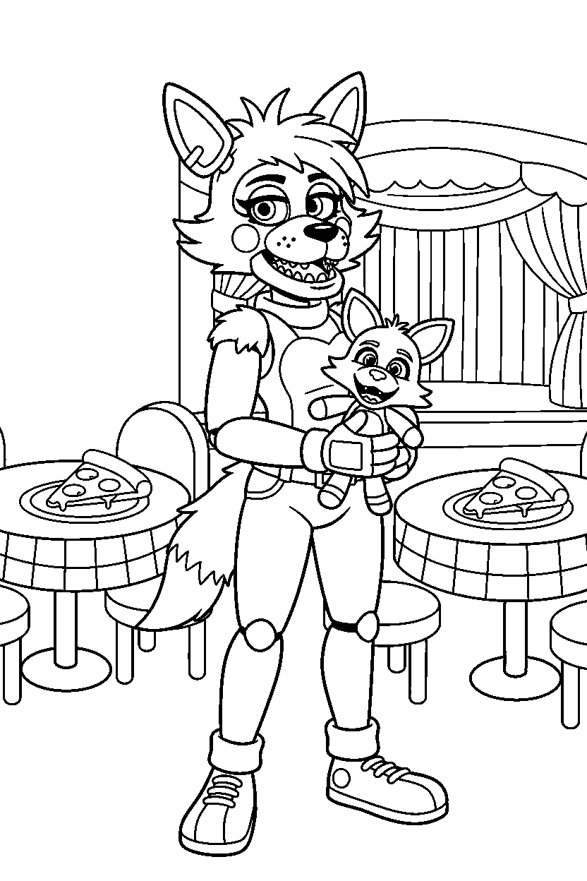 roxanne wolf from five nights at freddy s holding a plush toy in a pizzeria dining area line art