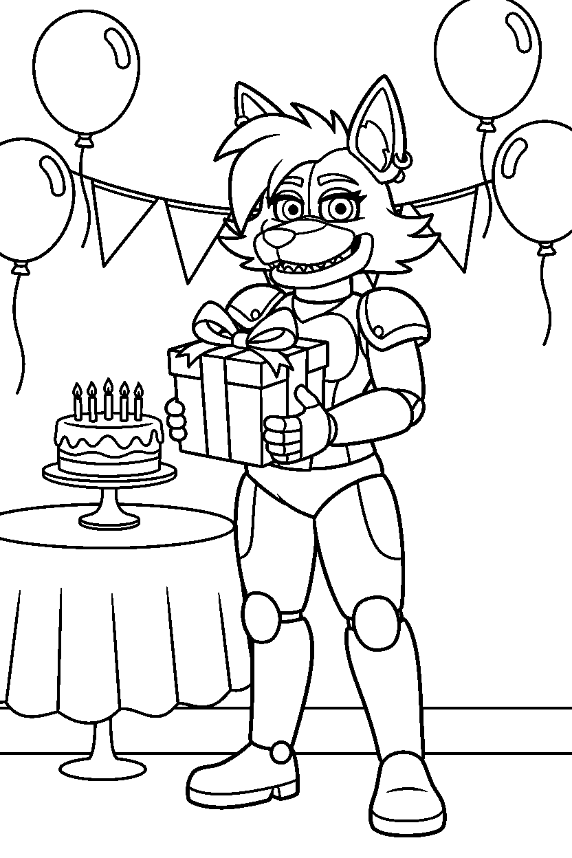 roxanne wolf from five nights at freddy s holding a present in a bright party room line art