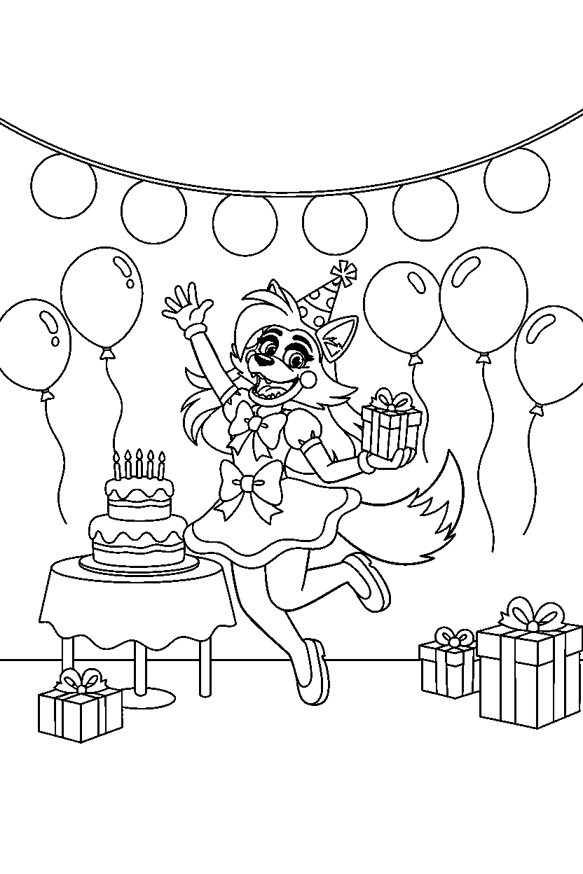 roxanne wolf from five nights at freddy s jumping happily in a birthday celebration room line art