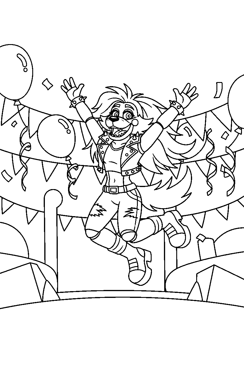 roxanne wolf from five nights at freddy s jumping happily in a colorful party hall line art