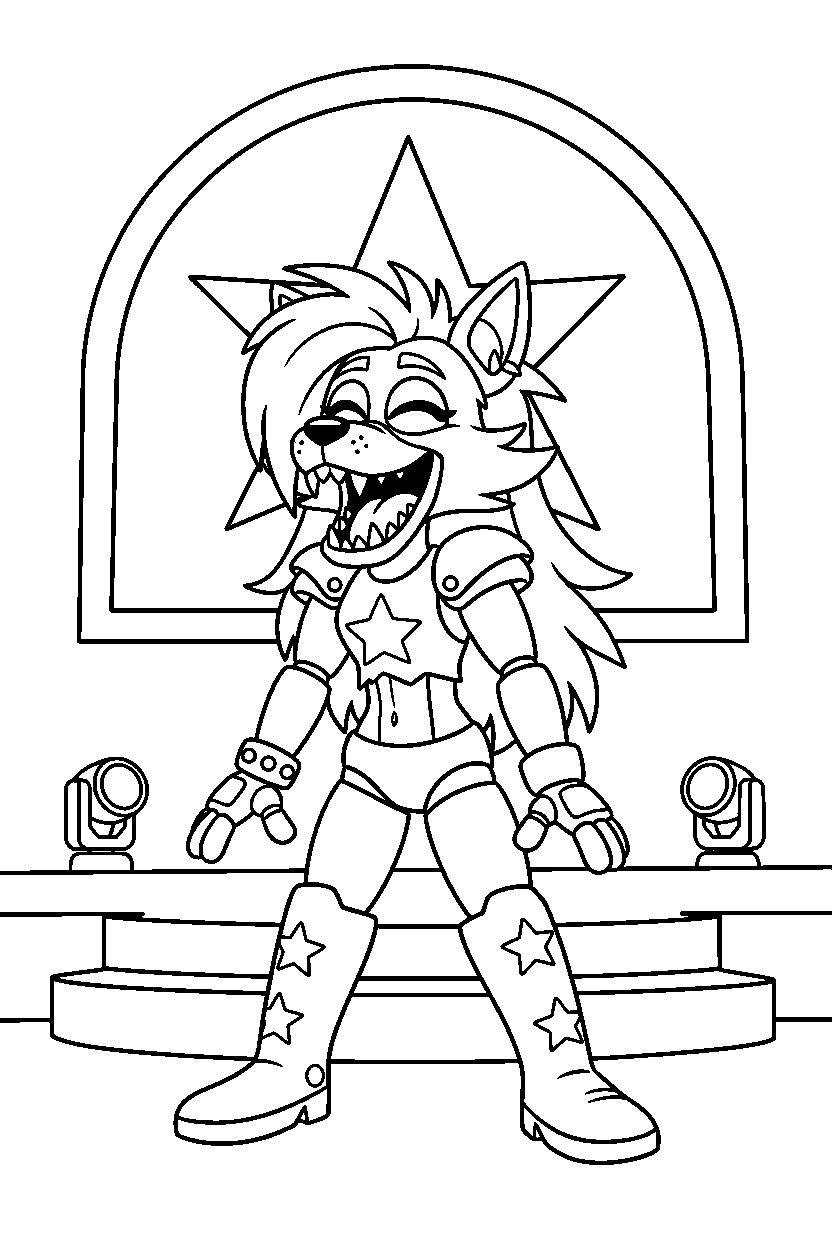 roxanne wolf from five nights at freddy s laughing happily in a show stage area line art