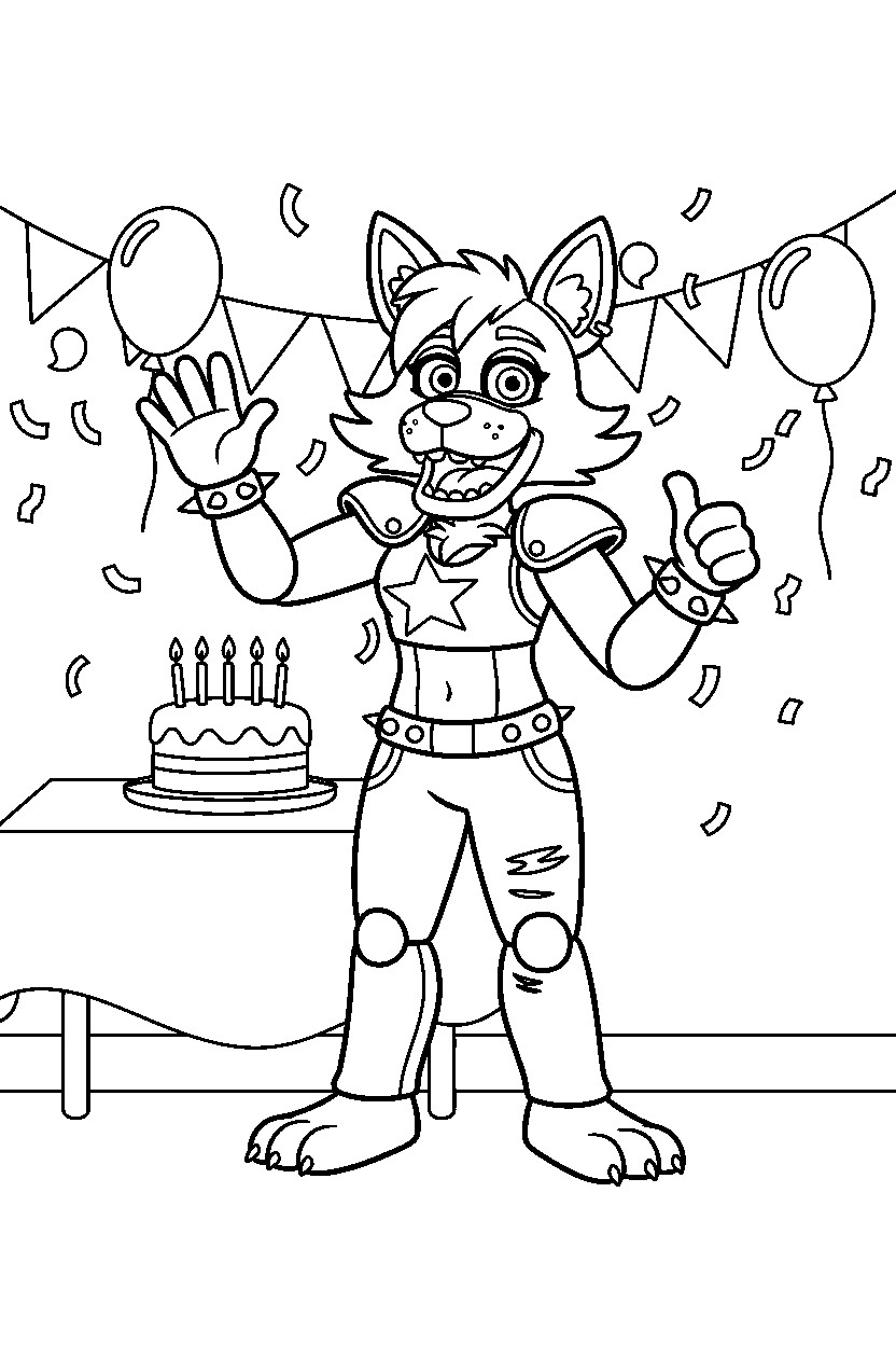 roxanne wolf from five nights at freddy s making a friendly pose in a celebration hall line art