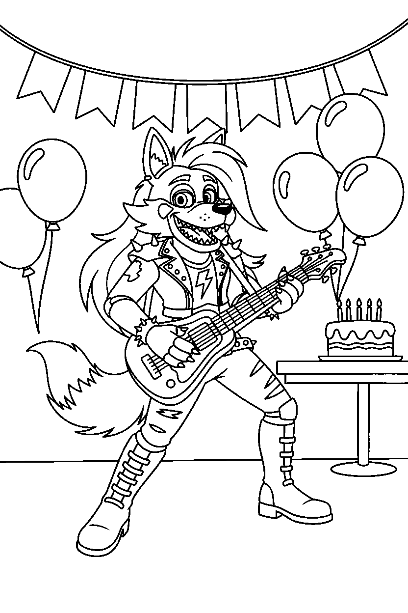 roxanne wolf from five nights at freddy s playing music in a birthday celebration room line art