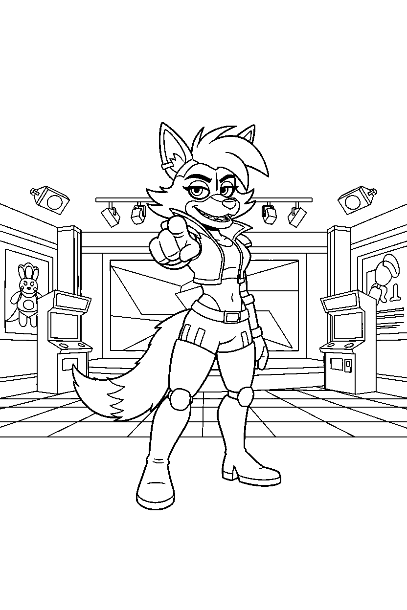 roxanne wolf from five nights at freddy s pointing forward in a colorful entertainment hall line art