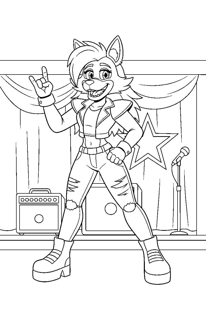 roxanne wolf from five nights at freddy s posing happily on a performance stage line art