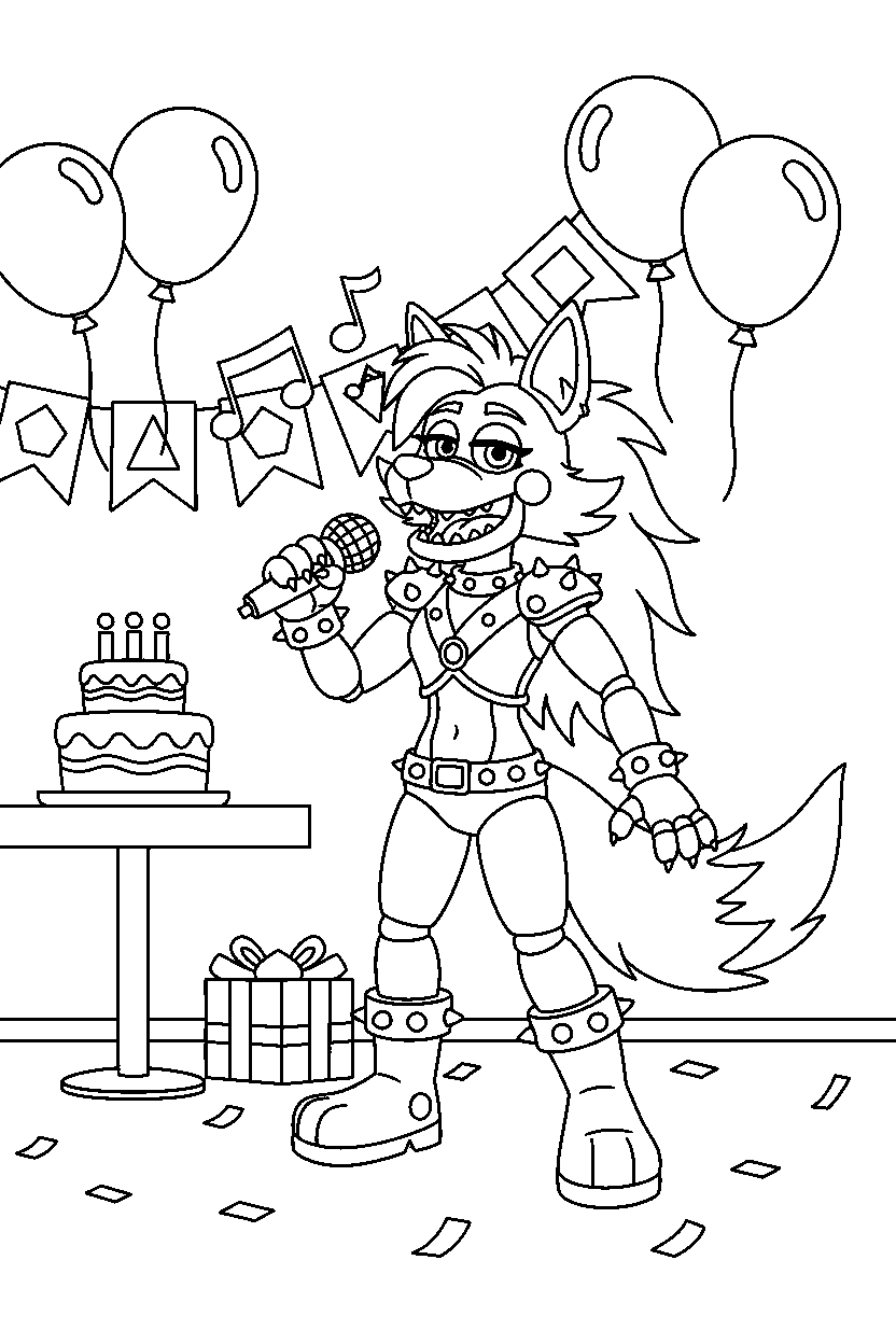roxanne wolf from five nights at freddy s singing in a bright party room line art