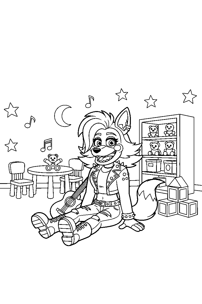 roxanne wolf from five nights at freddy s sitting and smiling in a decorated playroom line art