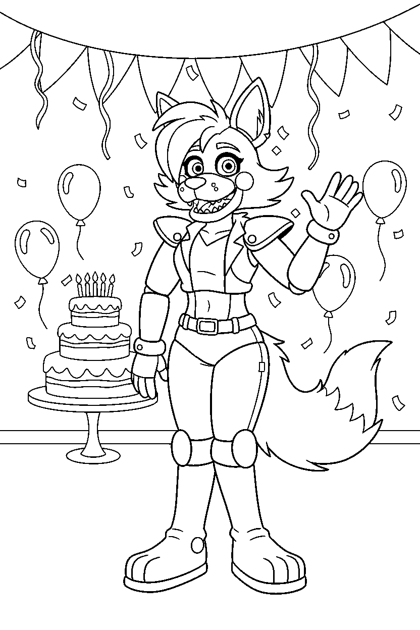 roxanne wolf from five nights at freddy s standing and waving in a birthday celebration room line art