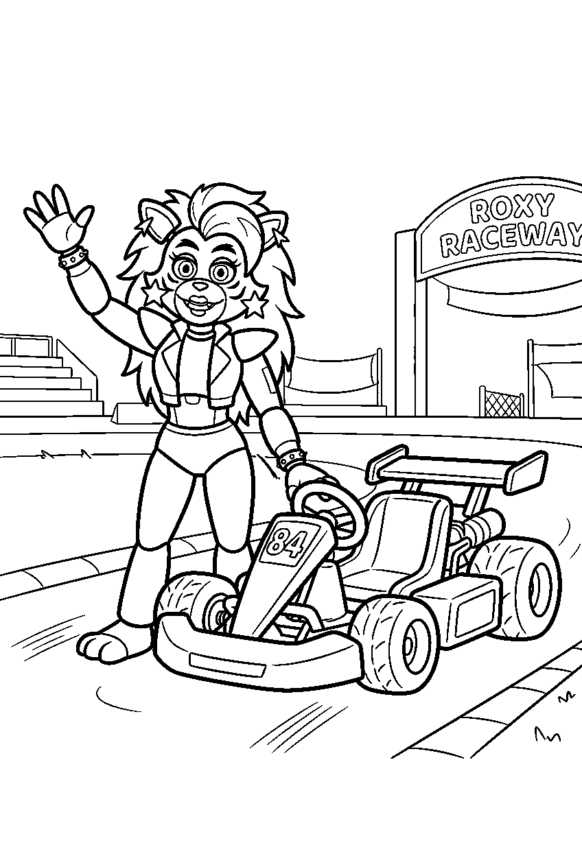 roxanne wolf waving beside a race kart at roxy raceway line art