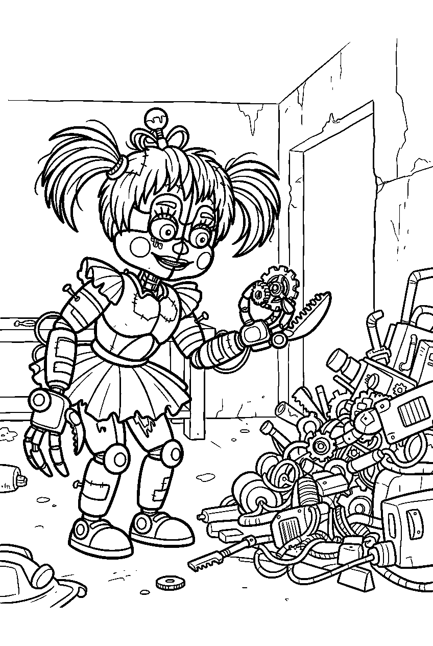 scrap baby examining a pile of machine parts inside the salvage room line art