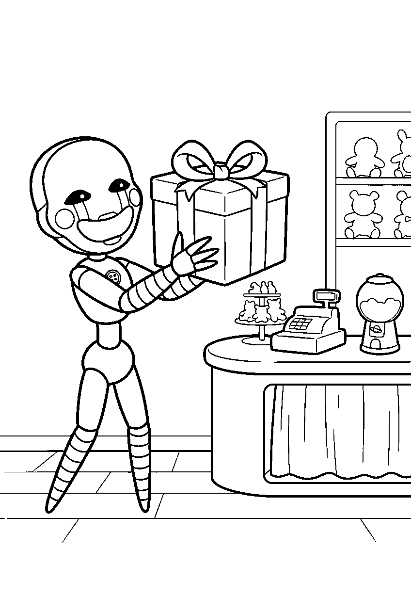 security puppet lifting a gift box beside the prize counter line art
