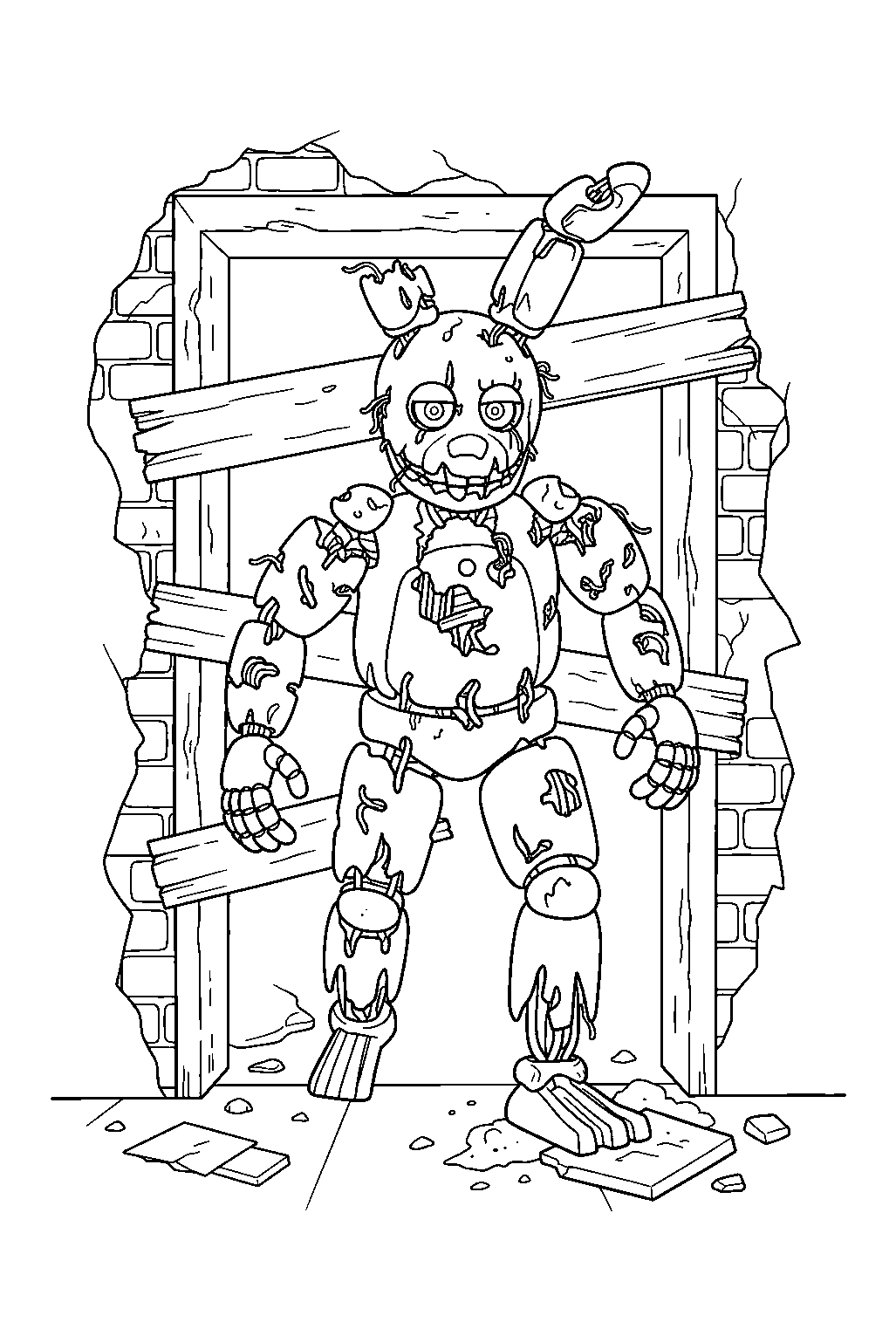 springtrap stepping through the doorway of the sealed safe room line art