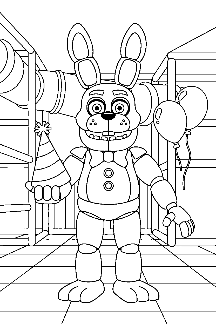 toy bonnie fnaf animatronic holding a party hat inside an indoor play area line art
