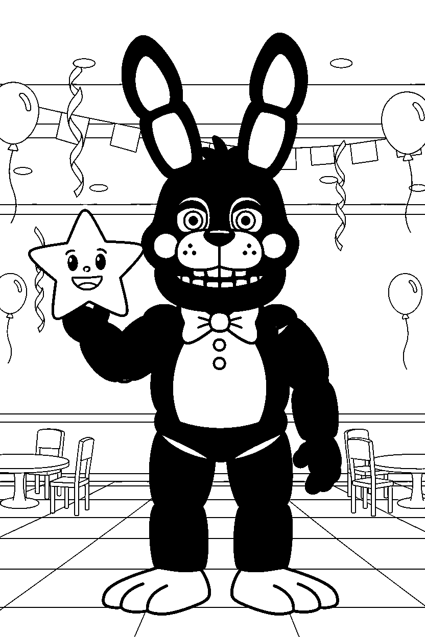 toy bonnie fnaf animatronic holding a star inside a cartoon party hall line art