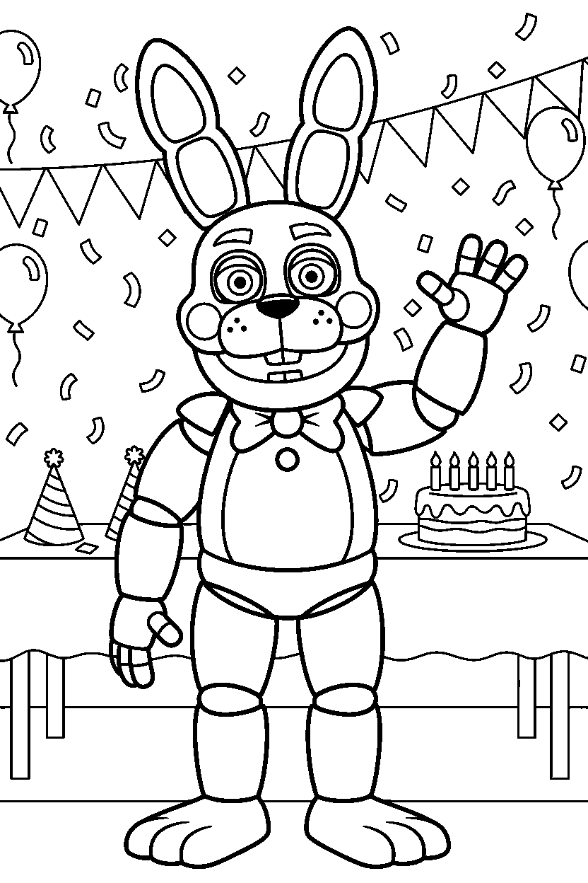 toy bonnie fnaf animatronic standing and waving in a bright party room line art