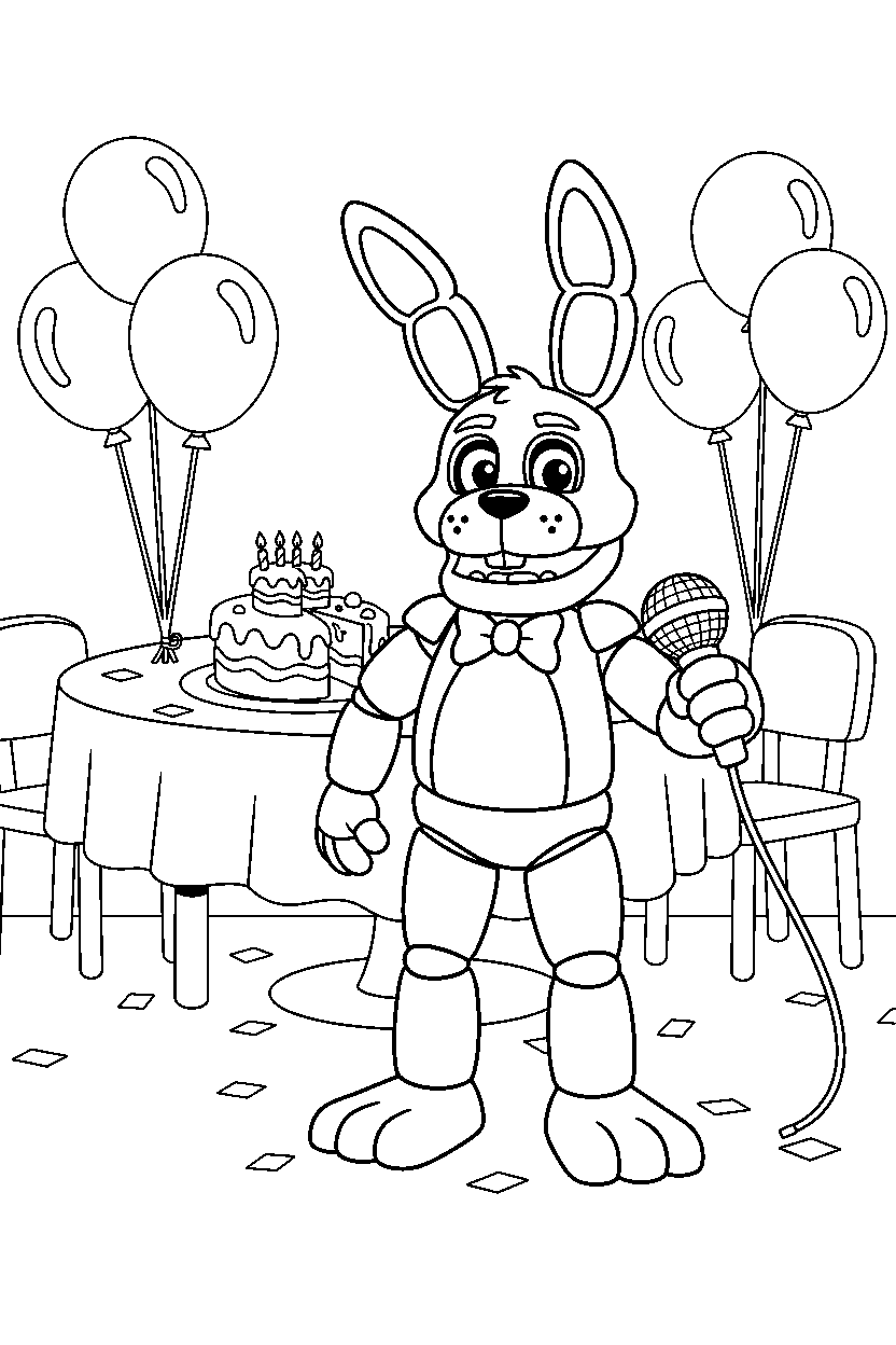 toy bonnie from five nights at freddy s holding a microphone in a birthday celebration room line art