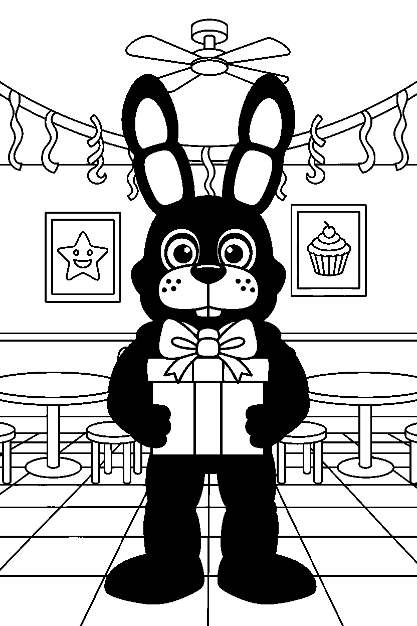 toy bonnie from five nights at freddy s holding a present in a pizzeria dining area line art