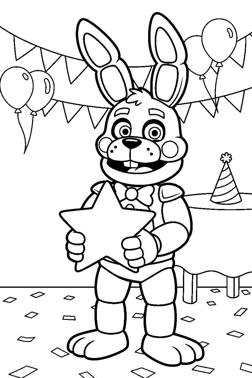 toy bonnie from five nights at freddy s holding a star in a festive event room line art