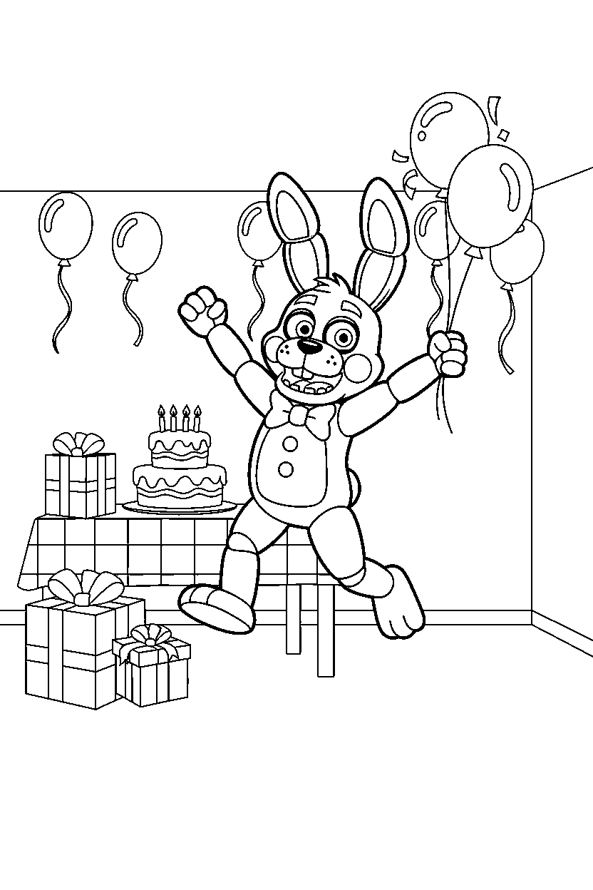 toy bonnie from five nights at freddy s jumping happily in a birthday celebration room line art