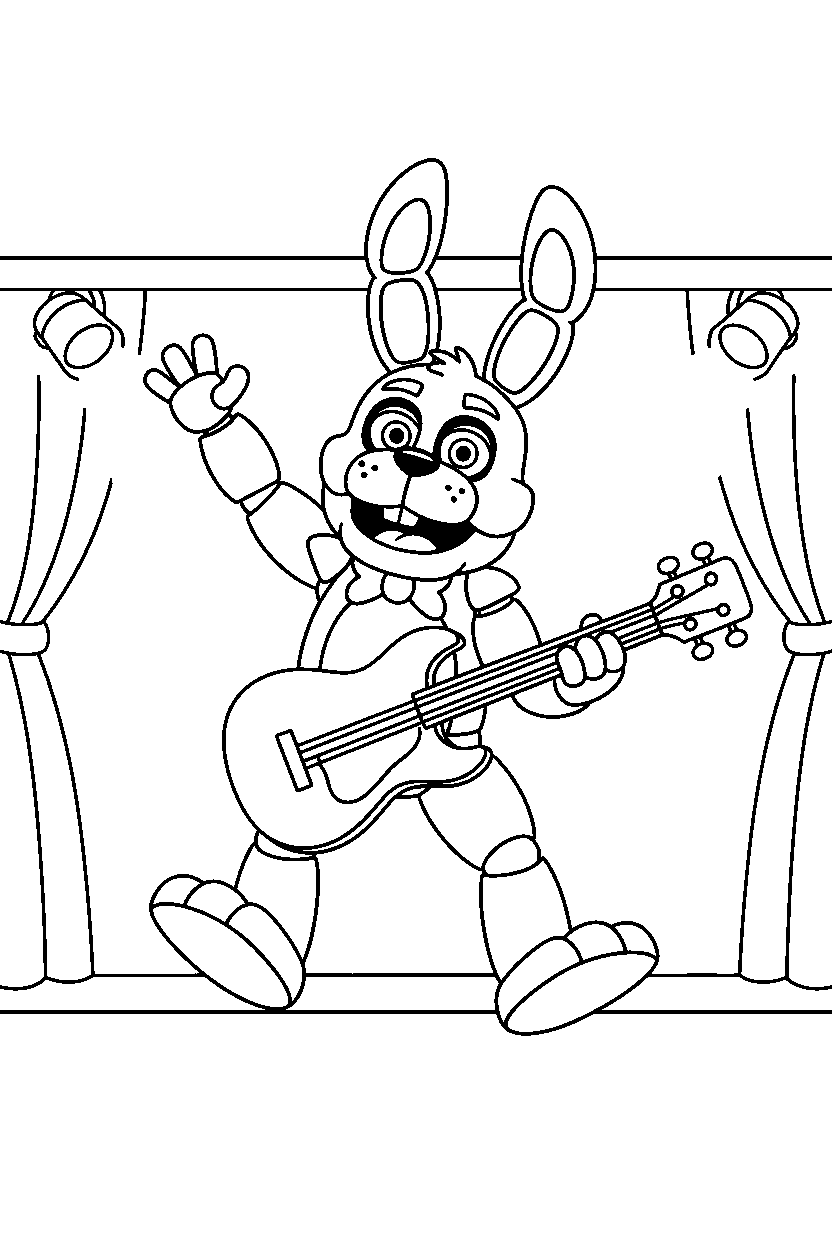 toy bonnie from five nights at freddy s jumping happily on a performance stage line art