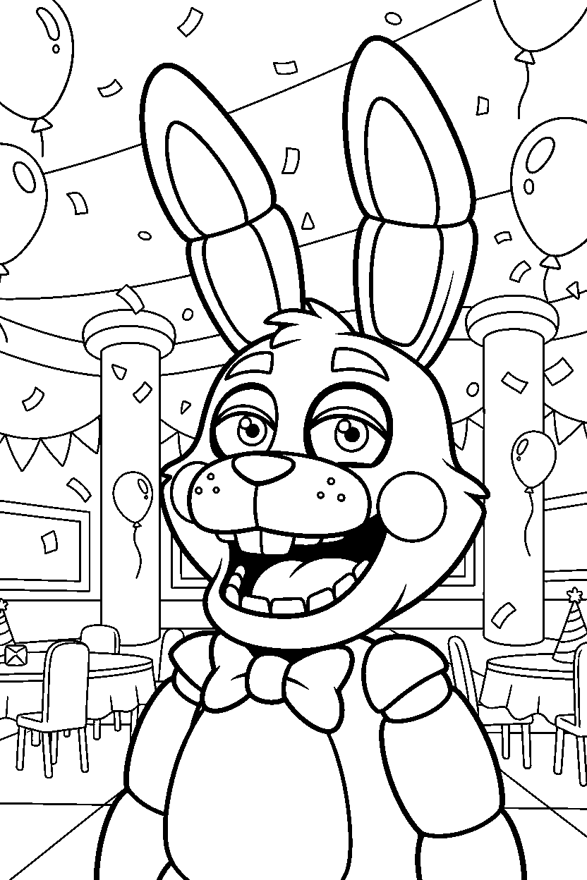 toy bonnie from five nights at freddy s laughing happily inside a cartoon party hall line art