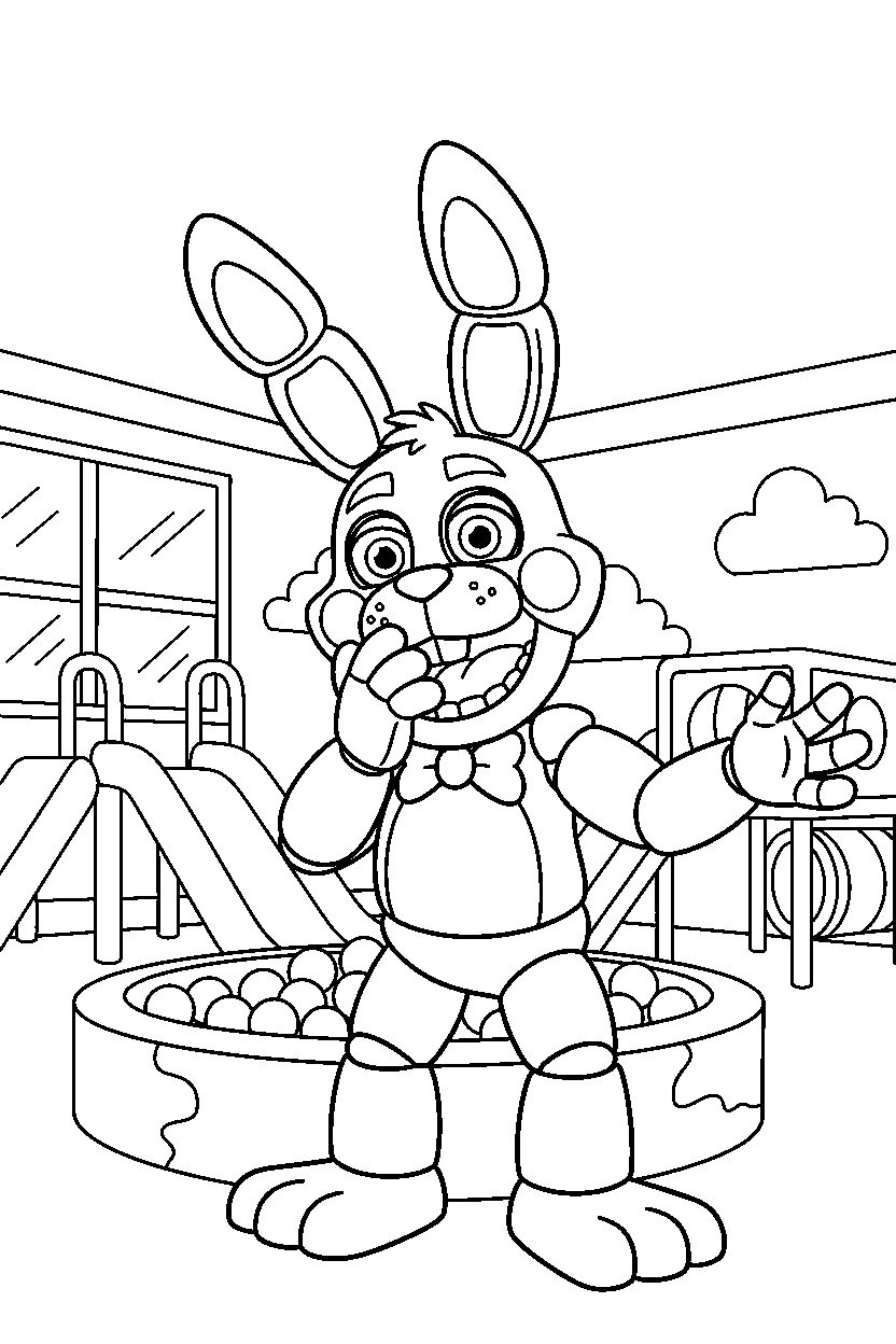 toy bonnie from five nights at freddy s laughing happily inside an indoor play area line art