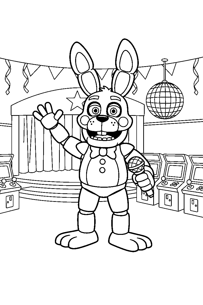 toy bonnie from five nights at freddy s making a friendly pose in a fun entertainment center line art