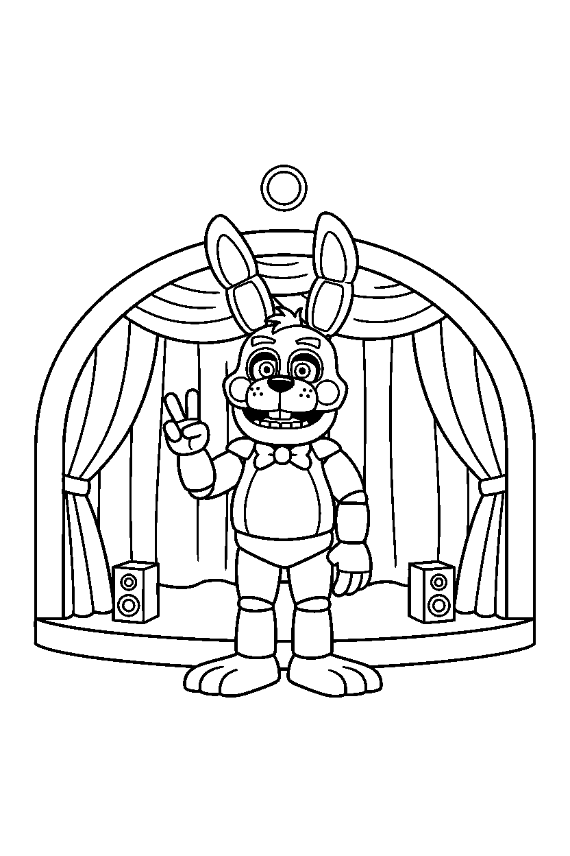 toy bonnie from five nights at freddy s making a peace sign in a show stage area line art