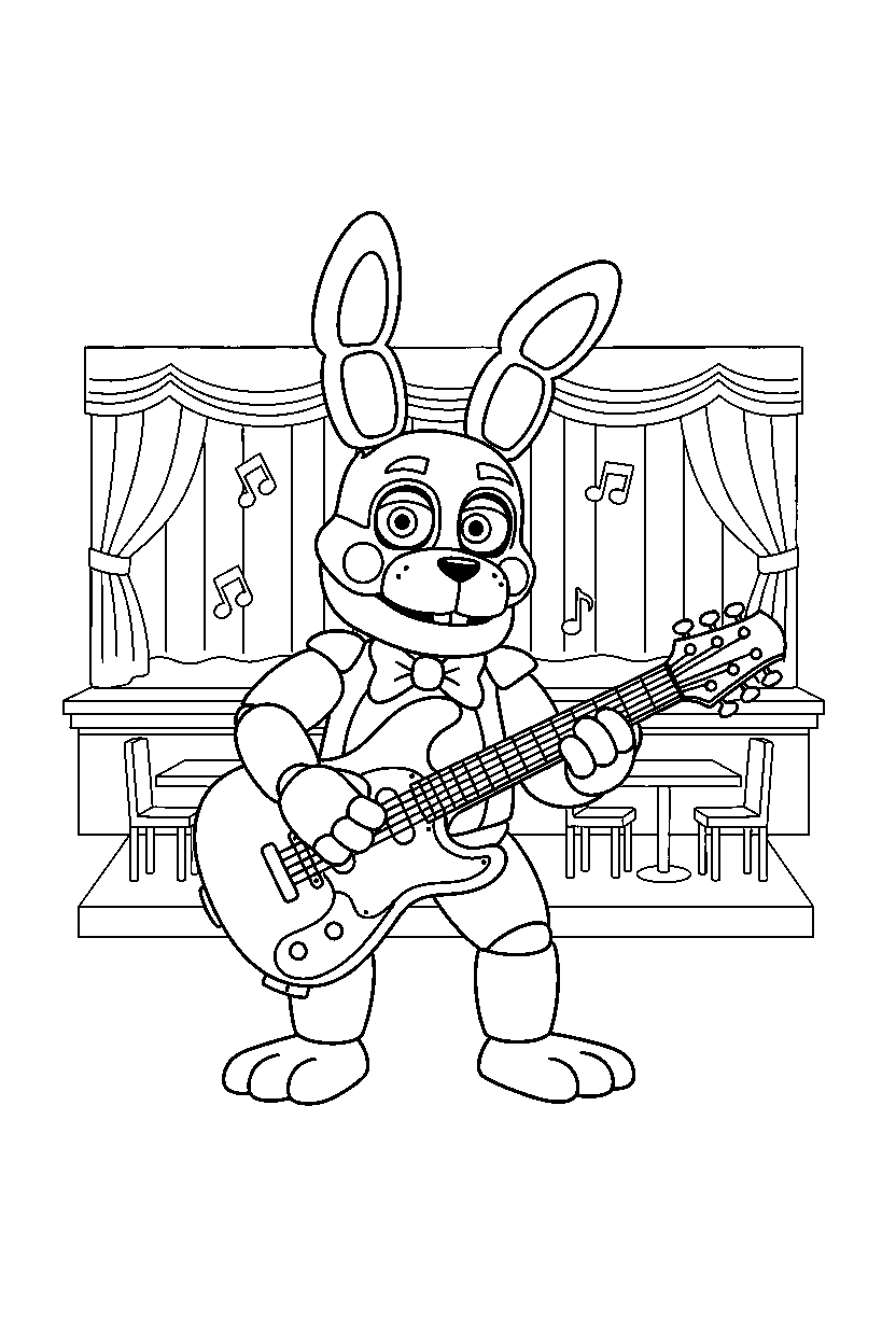 toy bonnie from five nights at freddy s playing guitar in a family restaurant line art