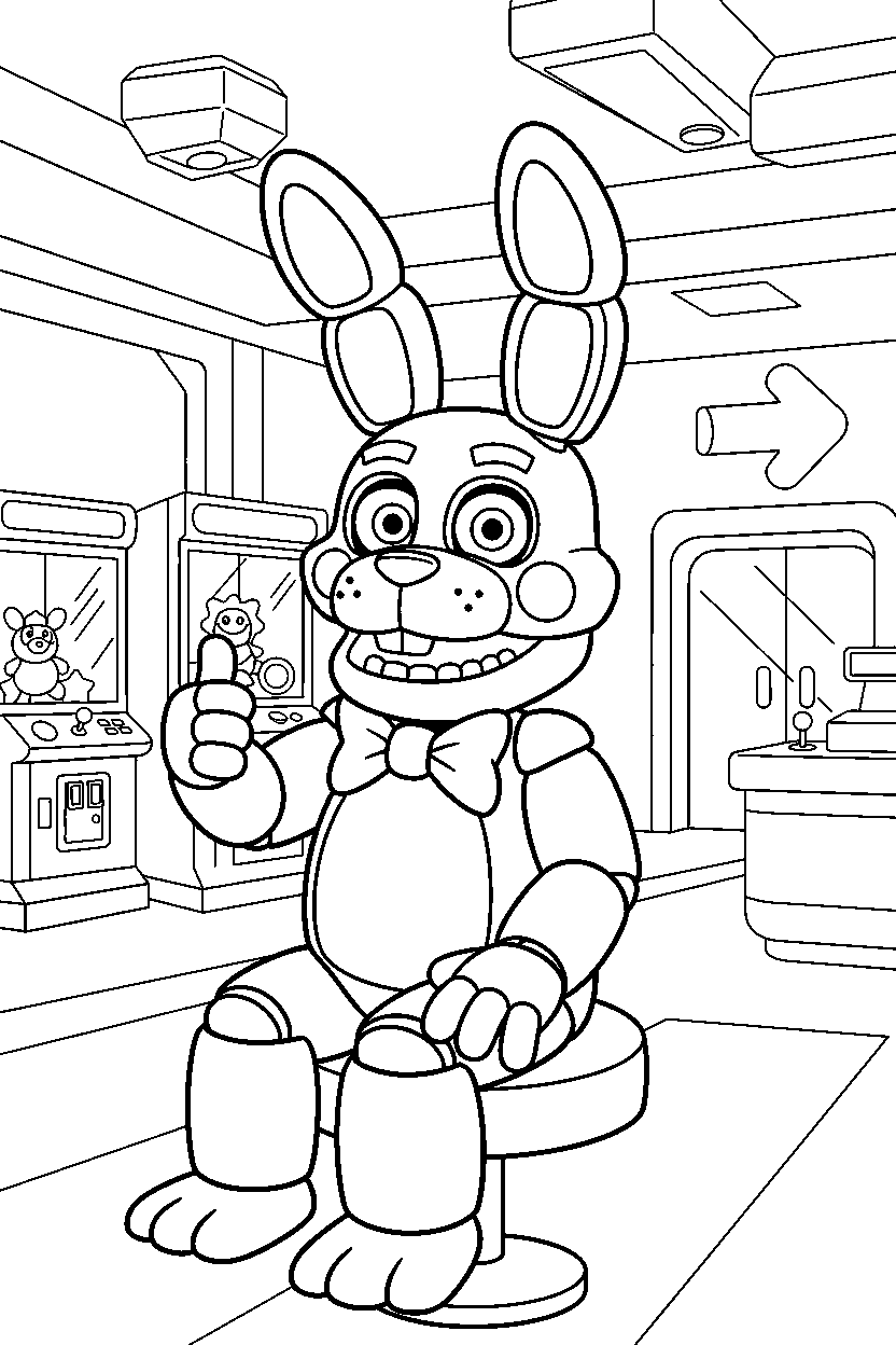 toy bonnie from five nights at freddy s sitting and smiling in a bright game arcade line art