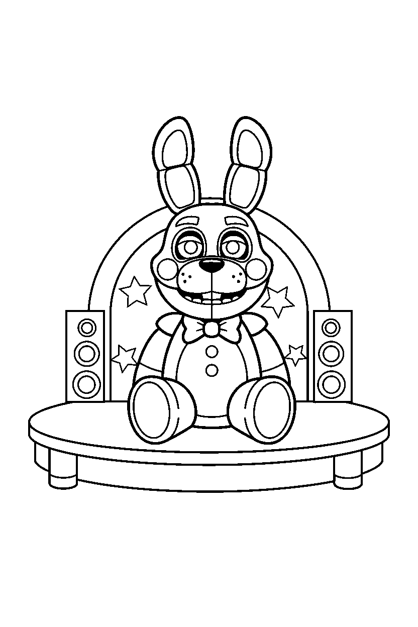 toy bonnie from five nights at freddy s sitting and smiling on a performance stage line art
