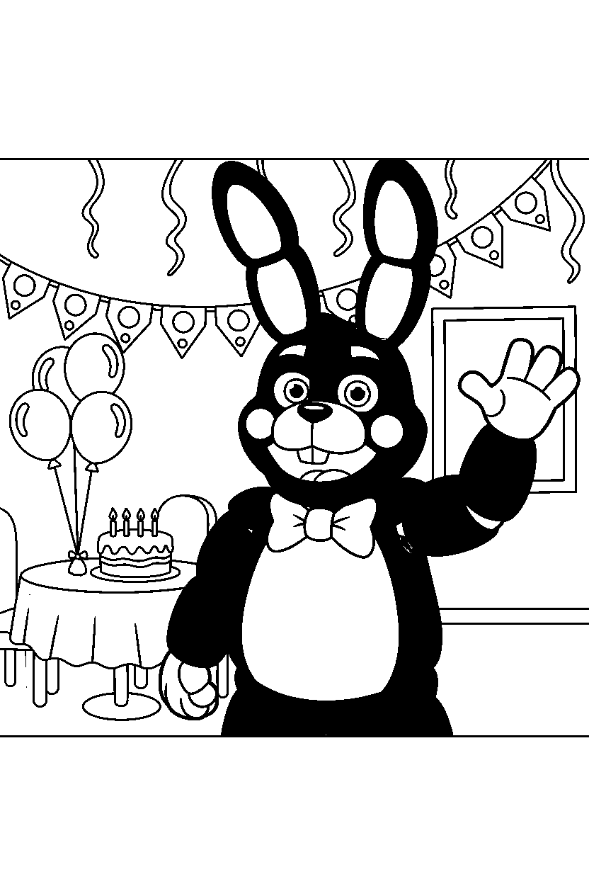 toy bonnie from five nights at freddy s waving happily in a decorated party room line art