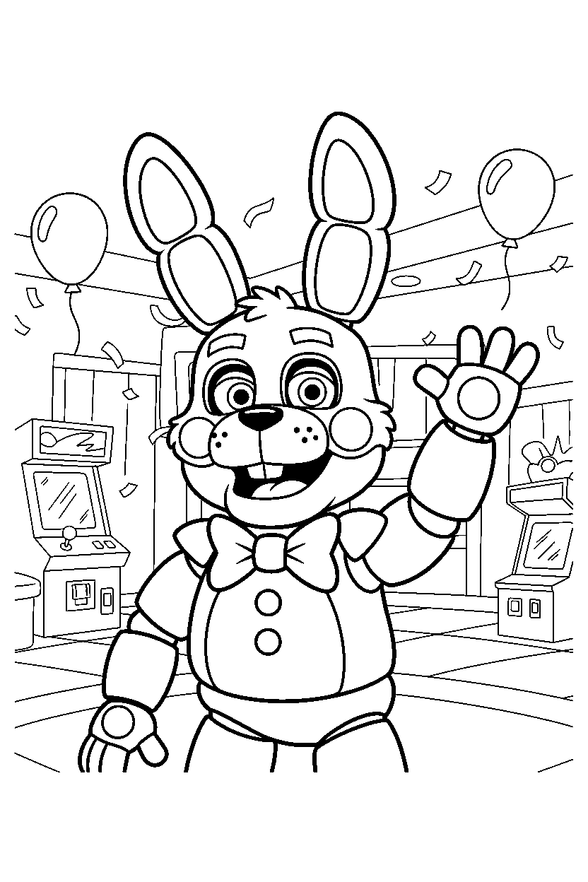 toy bonnie from five nights at freddy s waving happily in a fun entertainment center line art