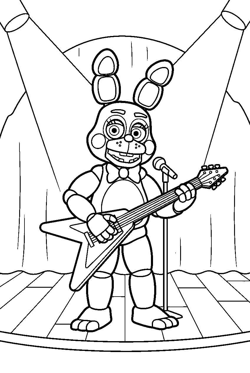 toy bonnie playing guitar under spotlights on the show stage line art