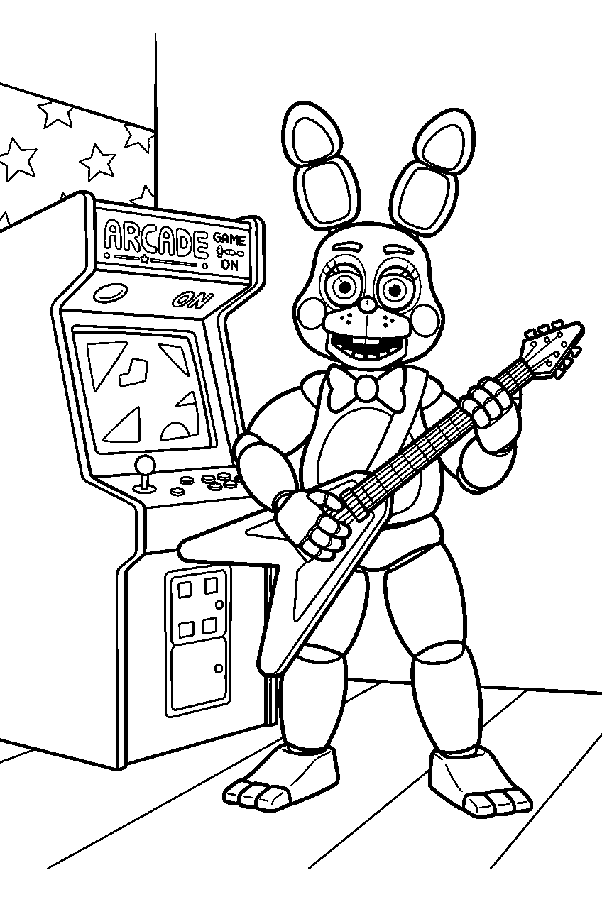 toy bonnie posing with his guitar beside the arcade cabinets line art