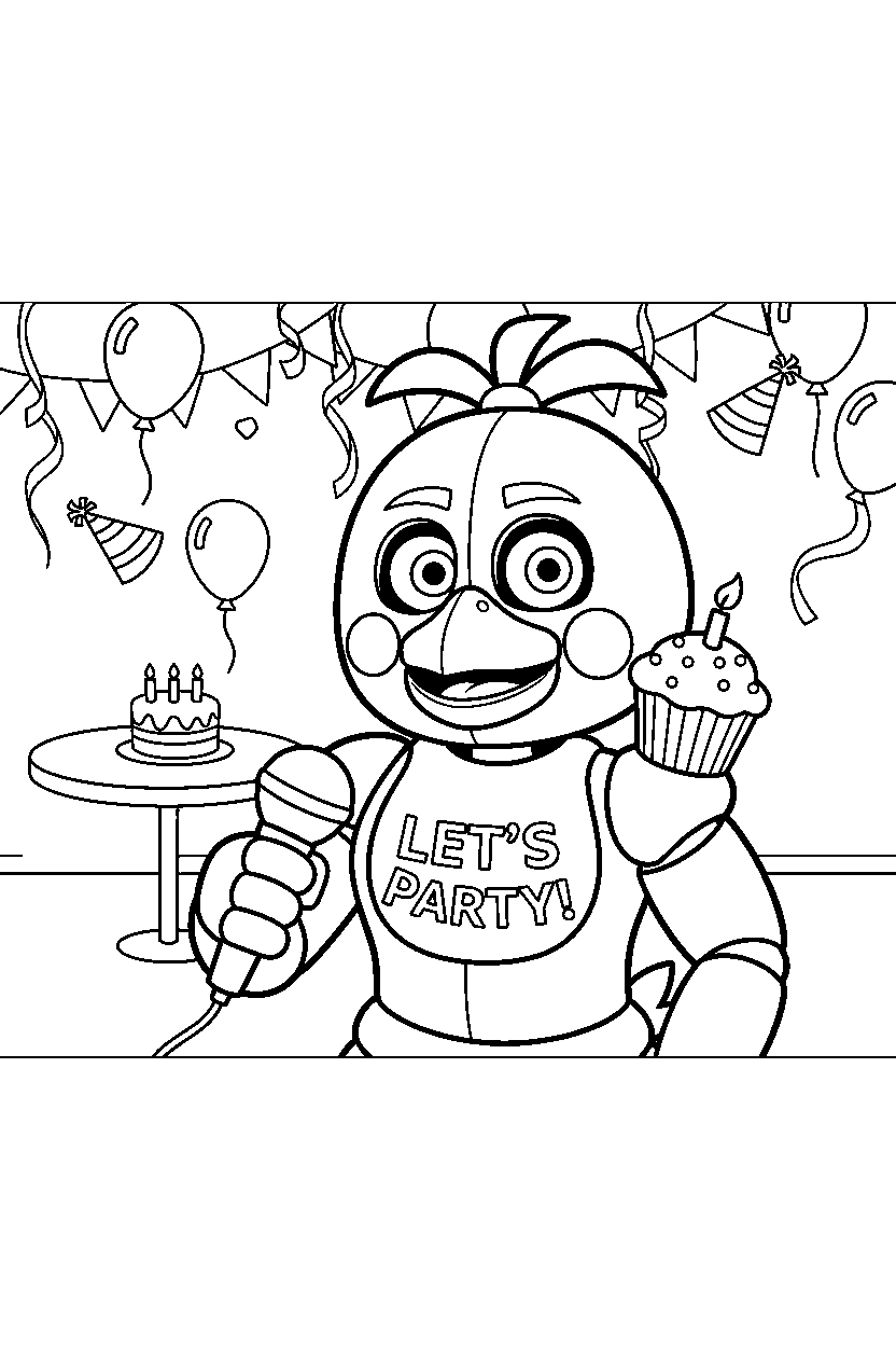 toy chica fnaf animatronic holding a microphone in a decorated party room line art