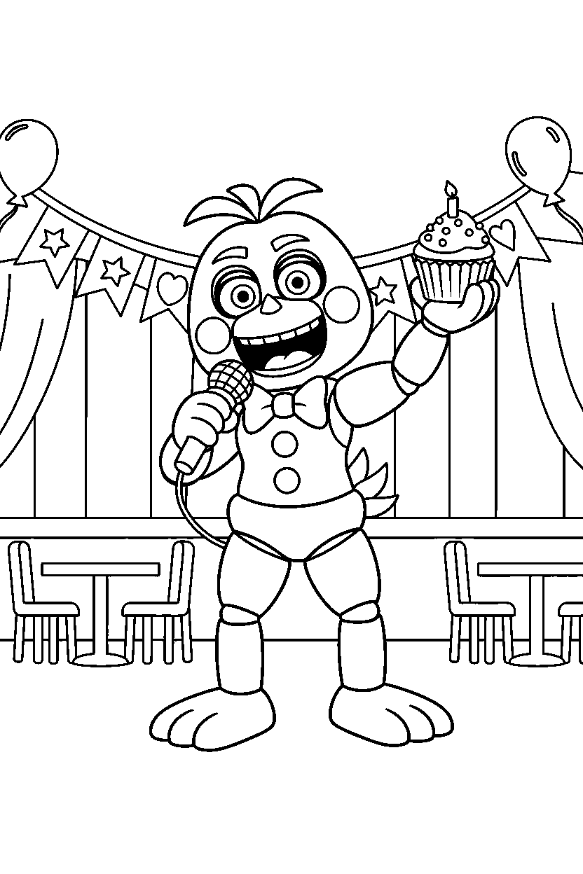 toy chica fnaf animatronic singing in a fun entertainment center line art