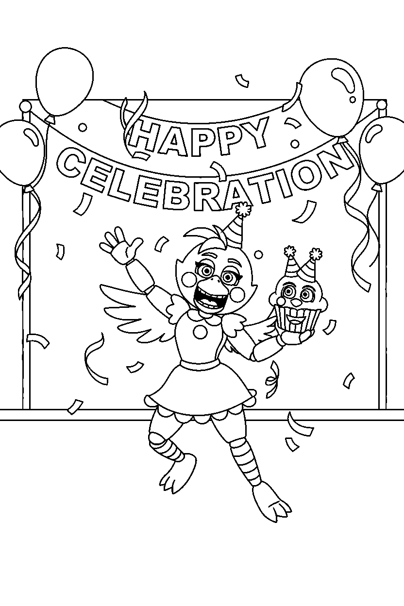 toy chica from five nights at freddy s celebrating happily in a celebration hall line art