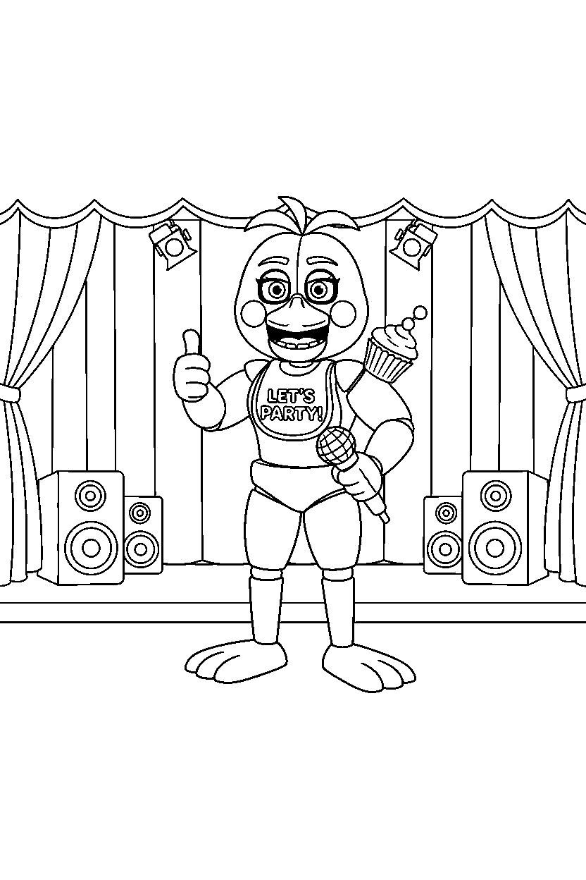 toy chica from five nights at freddy s giving a thumbs up in a music stage hall line art